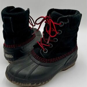 Sorel Cheyanne Winter Snow Boots Kids Youth Size 1 Black Red Lace Waterproof